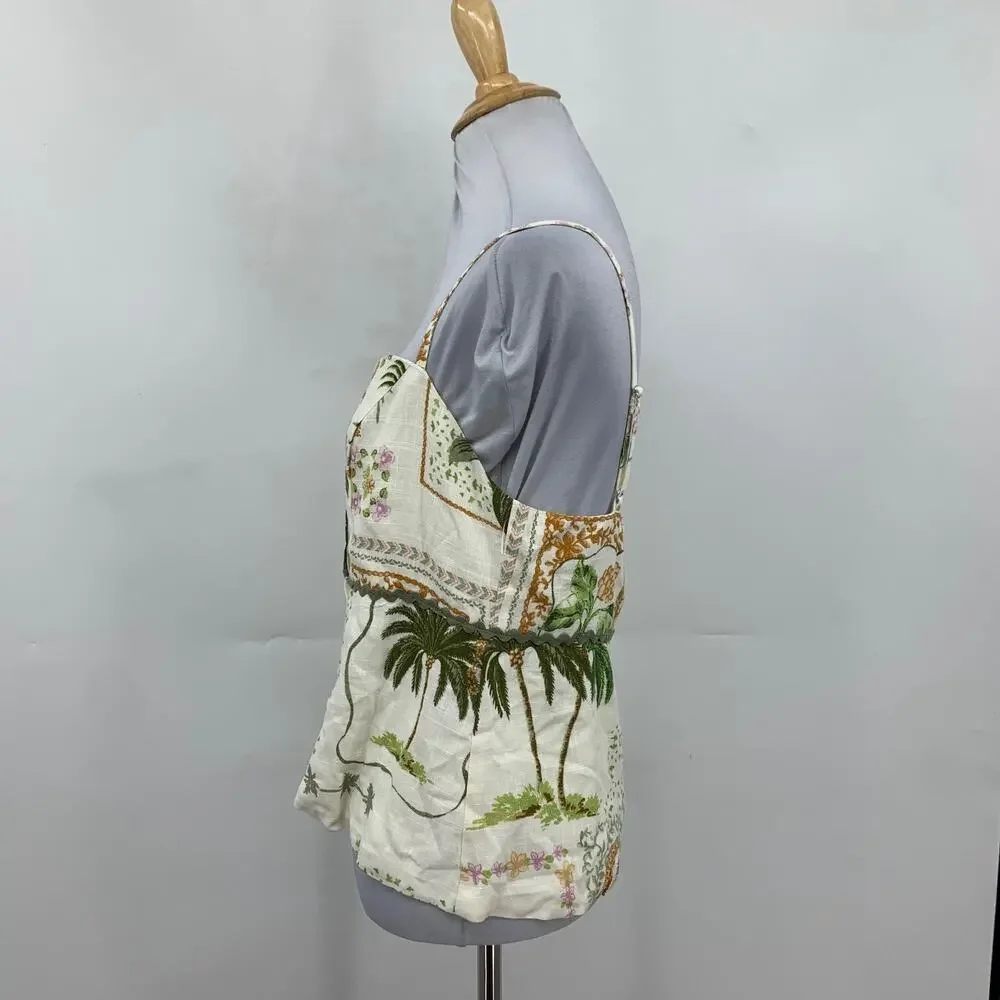 Paper Heart Top Womens M Medium Cream Linen Blend Sweetheart Neck Palm Tree